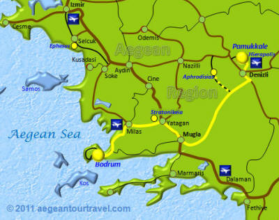 Bodrum to Pamukkale Excursion Route Map